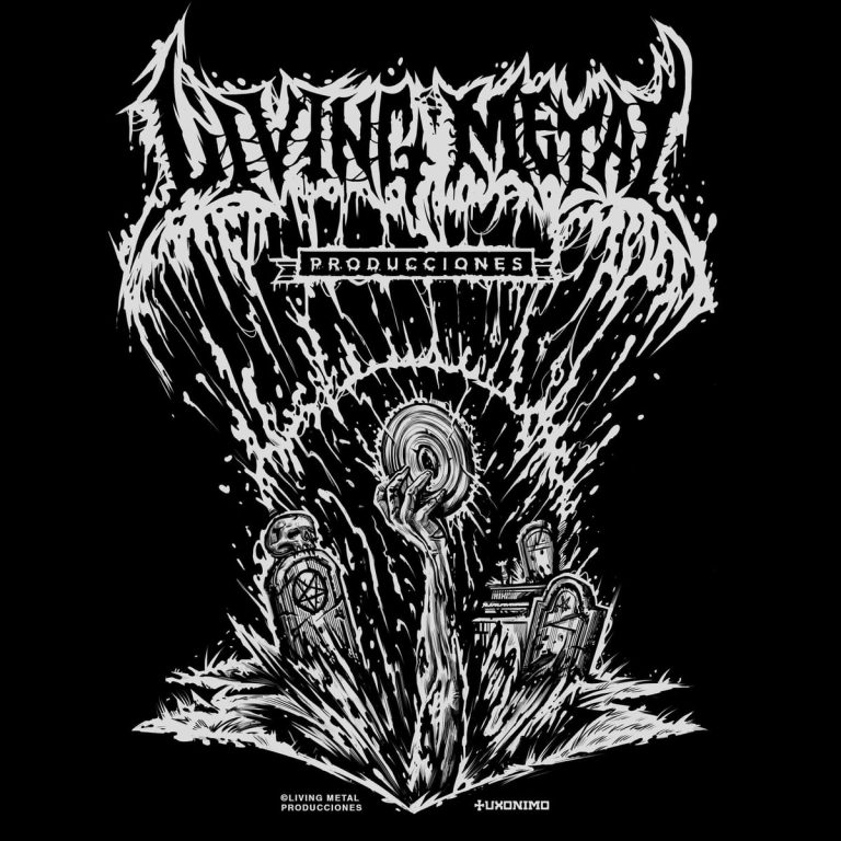 Logo blanco de Living Metal Producciones sobre fondo negro